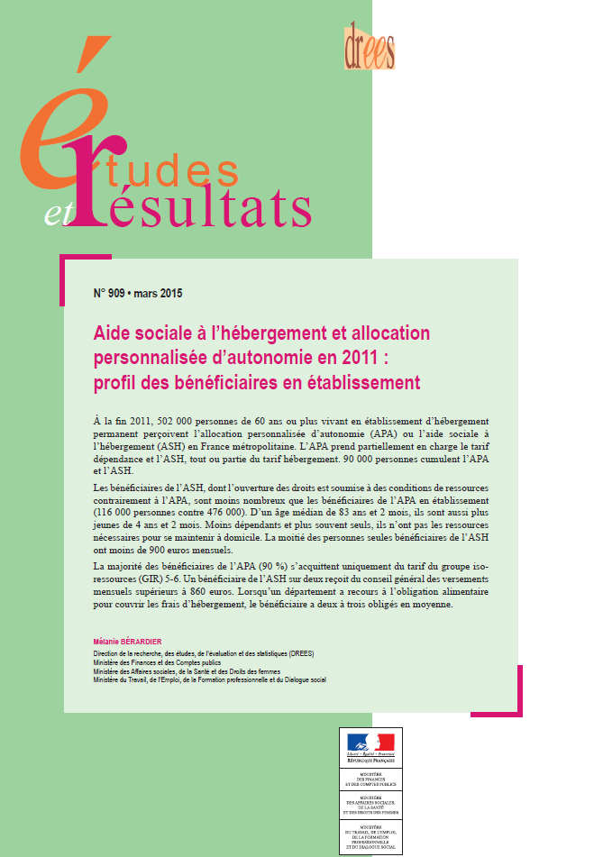 Aide sociale à lhébergement et allocation personnalisée dautonomie en 2011 profil des bénéficiaires en établissement